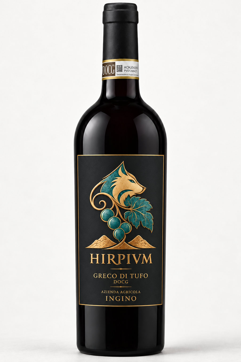 Bottiglia HIRPIVM Greco di Tufo DOCG – foto con etichetta verde petrolio e oro