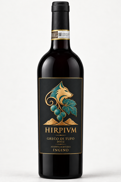 Bottiglia HIRPIVM Greco di Tufo DOCG – foto con etichetta verde petrolio e oro