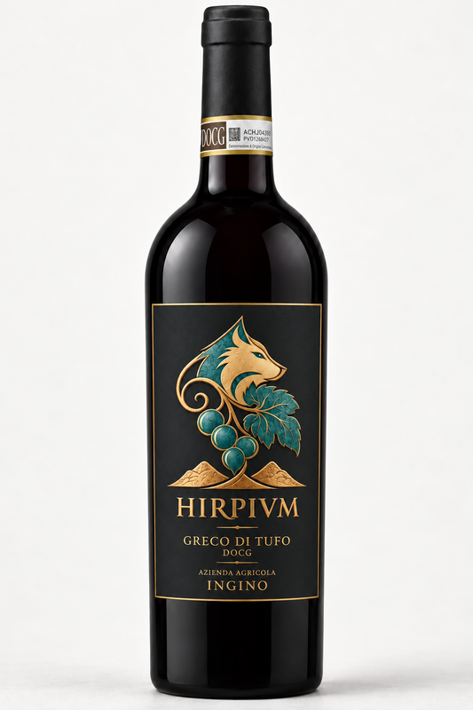 Bottiglia HIRPIVM Greco di Tufo DOCG – foto con etichetta verde petrolio e oro
