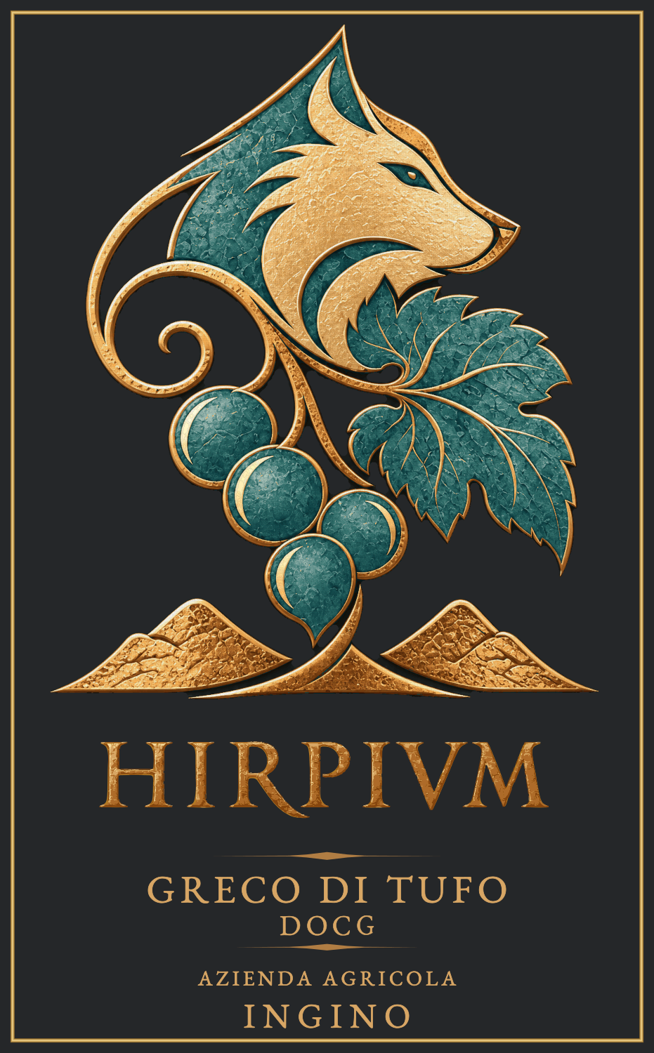Etichetta frontale HIRPIVM Greco di Tufo DOCG, emblema verde petrolio e oro