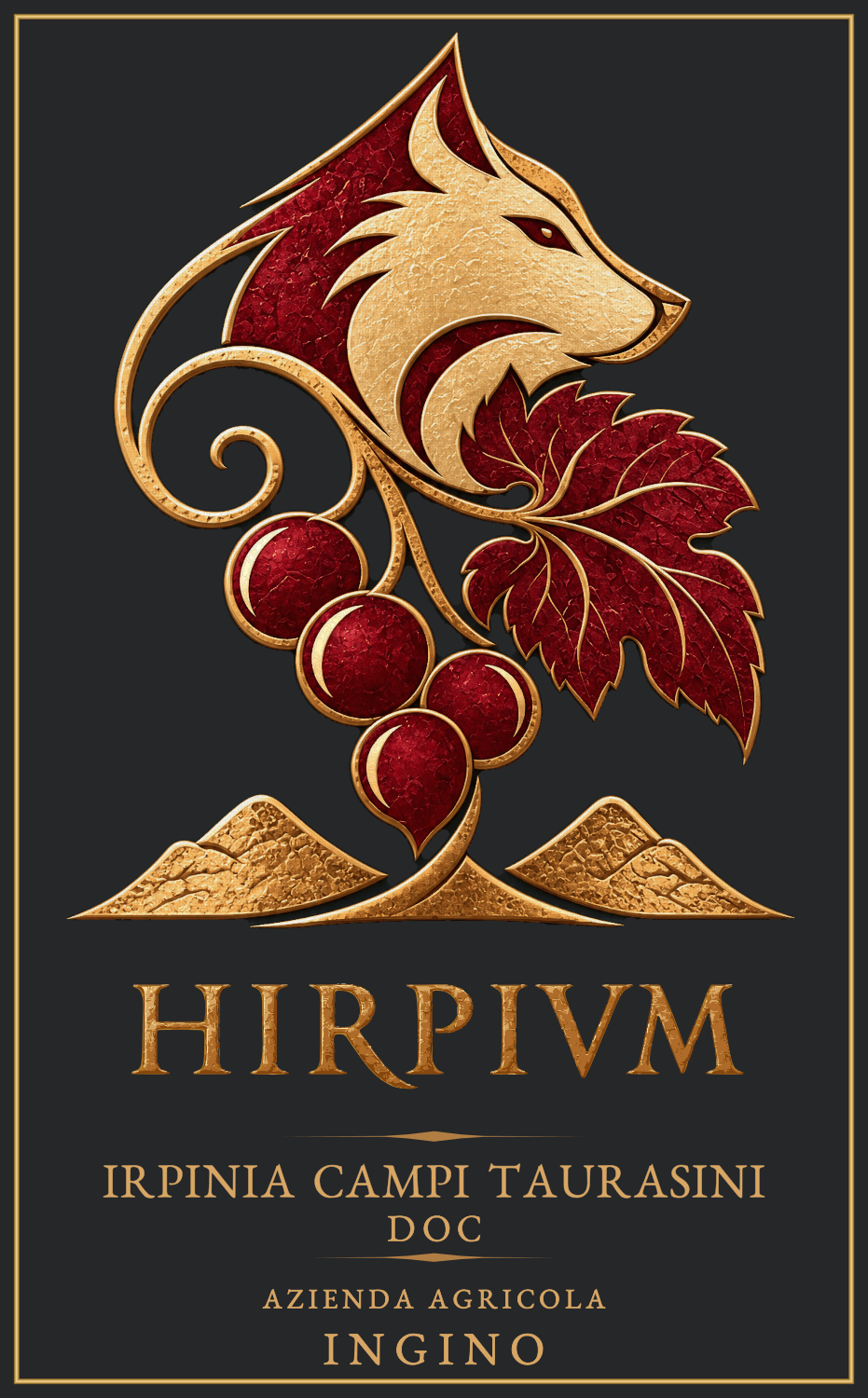Etichetta HIRPIVM Irpinia Campi Taurasini DOC, oro e rubino